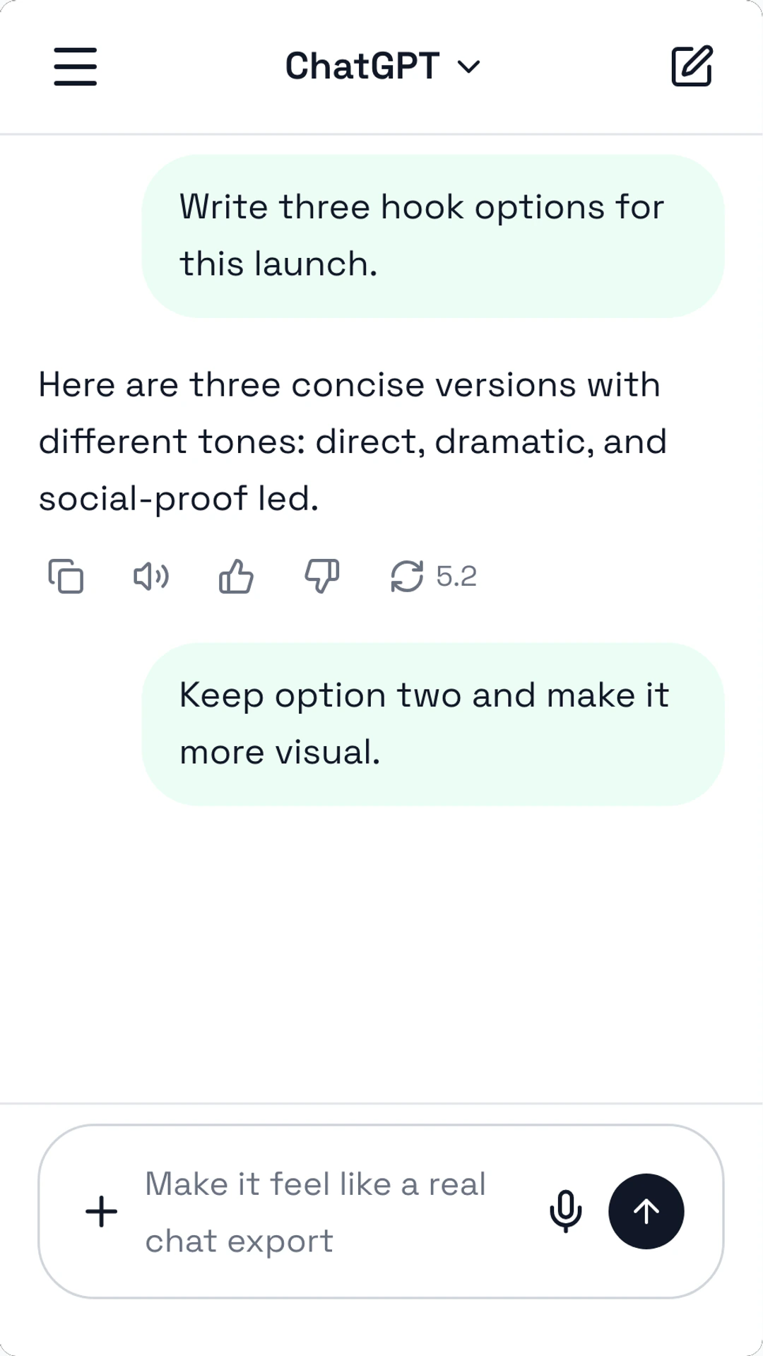Create ChatGPT-Style Screenshots and Prompt Mockups preview screenshot Fake ChatGPT AI chat screenshot preview for Create ChatGPT-Style Screenshots and Prompt Mockups