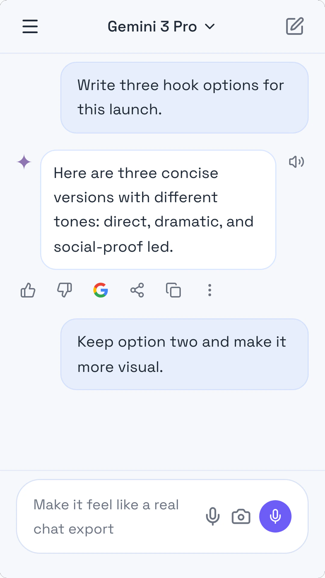 Create Gemini-Style Screenshots and Process Mockups preview screenshot Fake Gemini AI chat screenshot preview for Create Gemini-Style Screenshots and Process Mockups