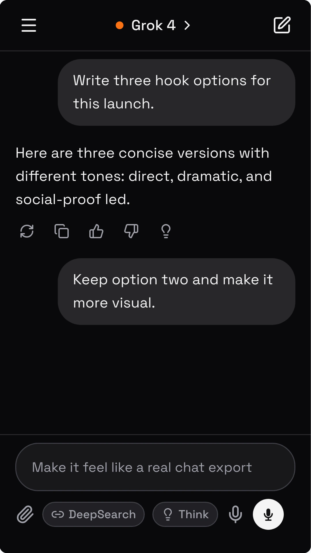 Create Grok-Style Screenshots and xAI Chat Mockups preview screenshot Fake Grok AI chat screenshot preview for Create Grok-Style Screenshots and xAI Chat Mockups