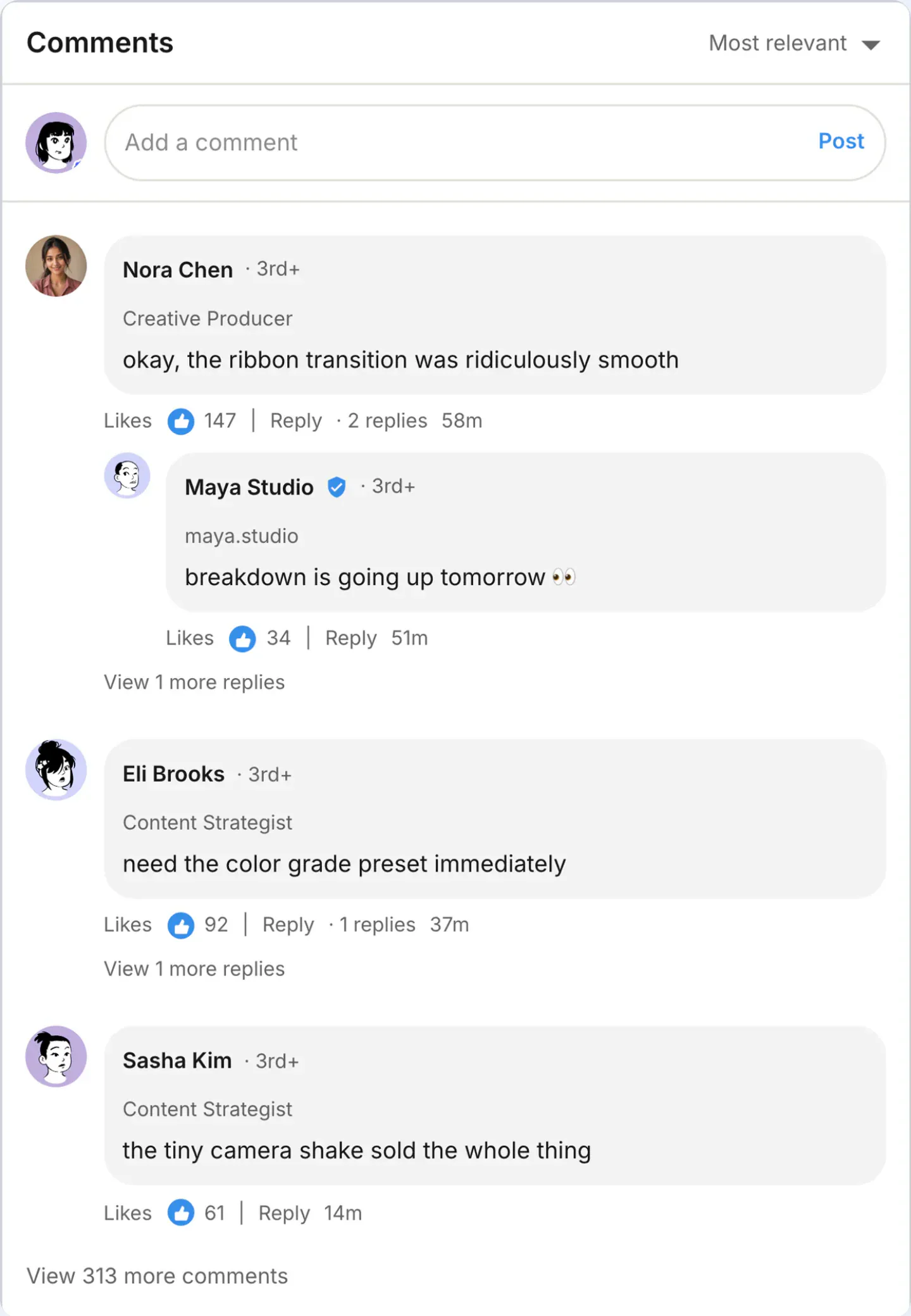 LinkedIn comments generator live preview screenshot Fake LinkedIn comment thread screenshot preview for LinkedIn comments generator