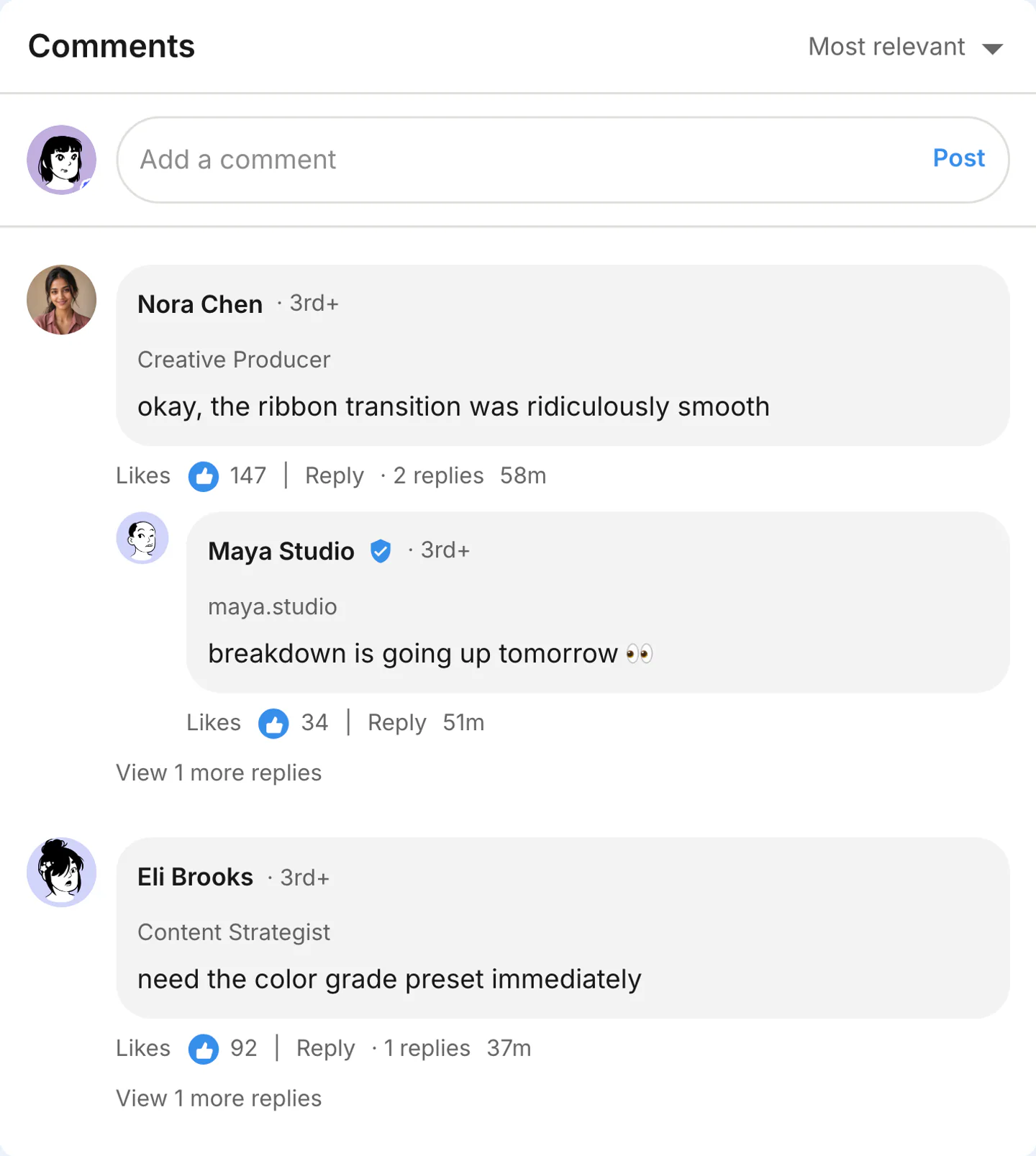 LinkedIn comments generator live preview screenshot Fake LinkedIn comment thread screenshot preview for LinkedIn comments generator