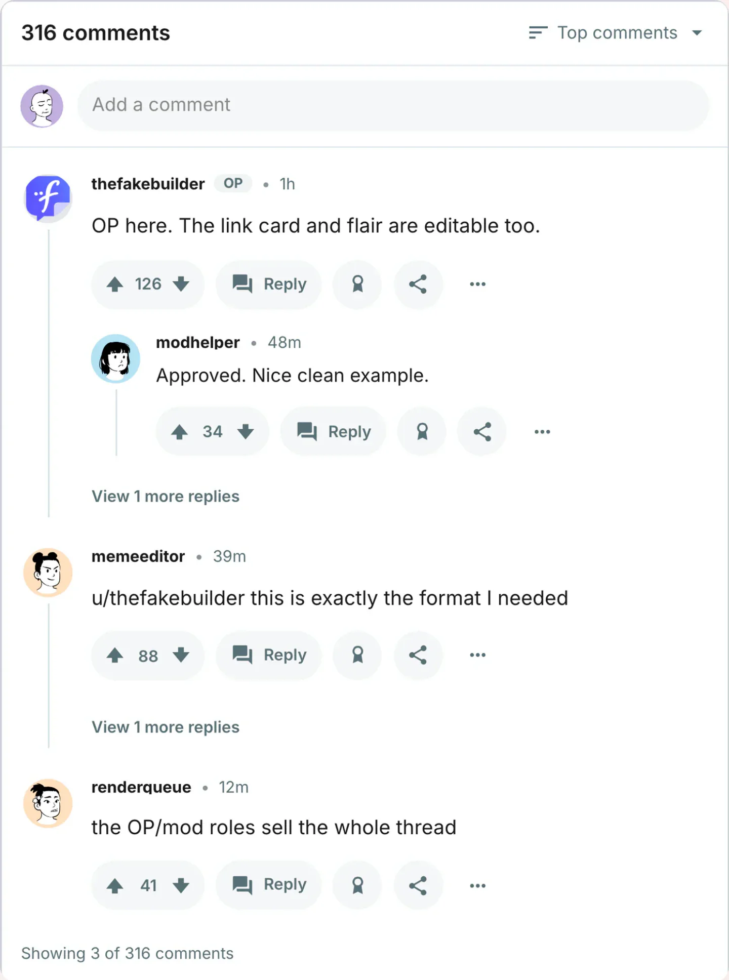 Reddit comments generator live preview screenshot Fake Reddit comment thread screenshot preview for Reddit comments generator