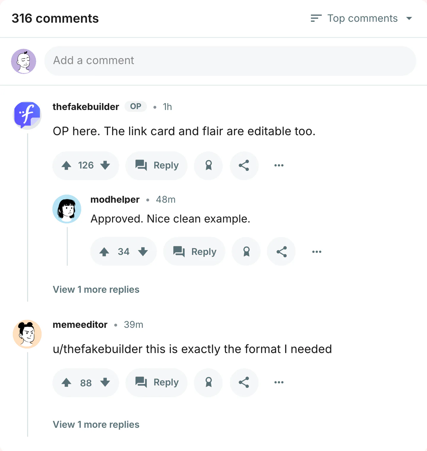 Reddit comments generator live preview screenshot Fake Reddit comment thread screenshot preview for Reddit comments generator