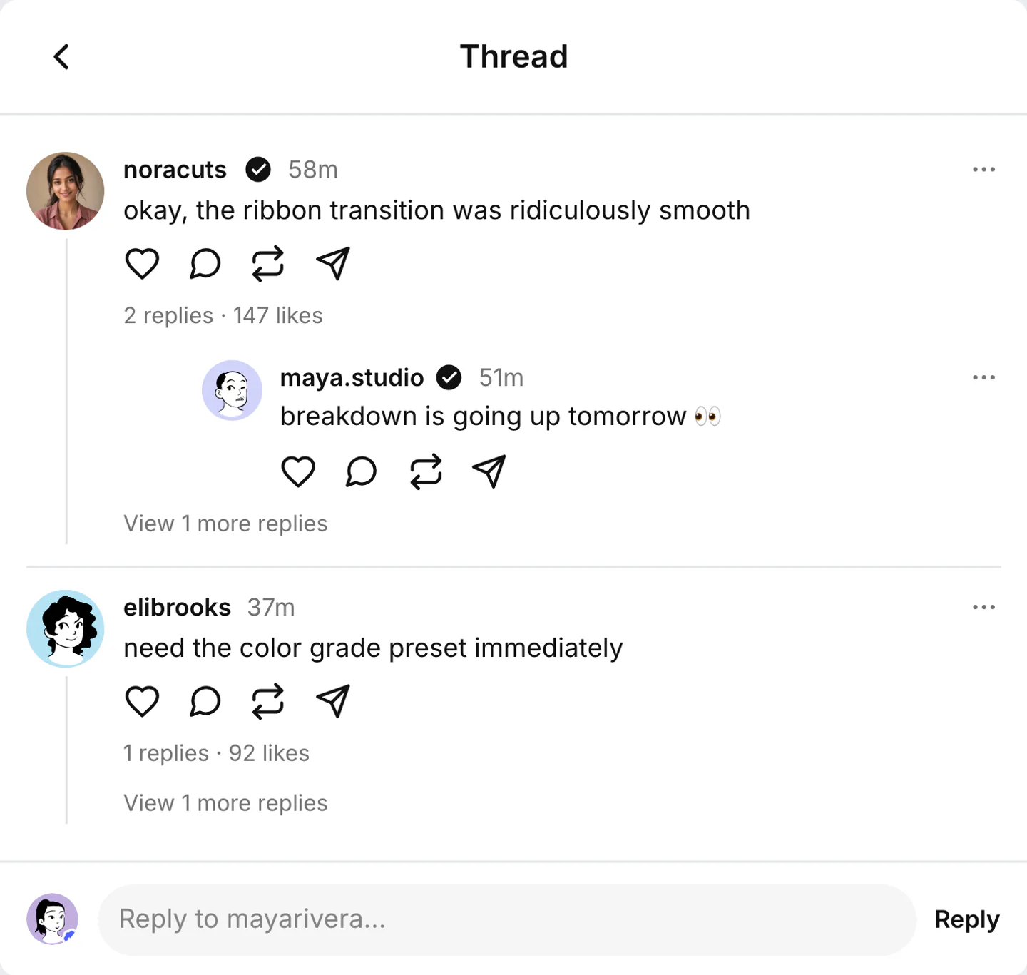 Threads comments generator live preview screenshot Fake Threads comment thread screenshot preview for Threads comments generator