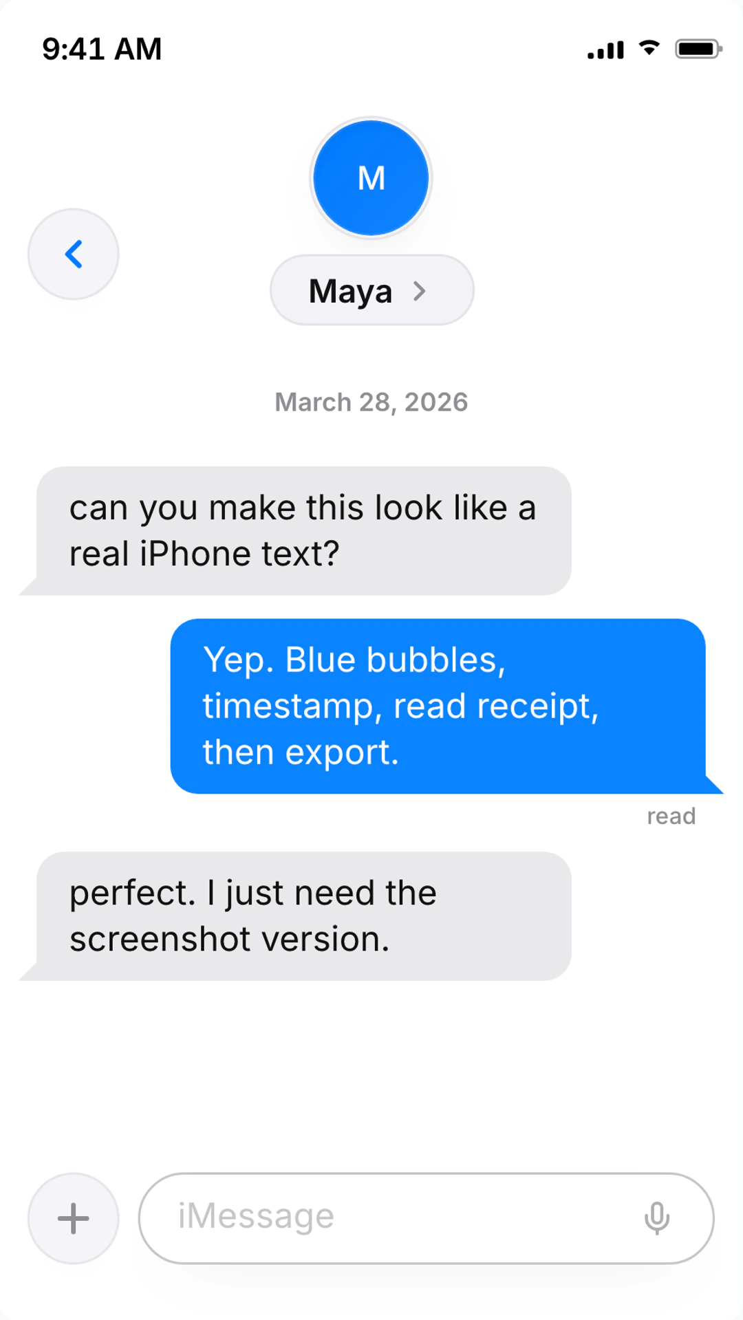 Chat Screenshot Generator preview screenshot Fake iMessage text message screenshot preview for Chat Screenshot Generator