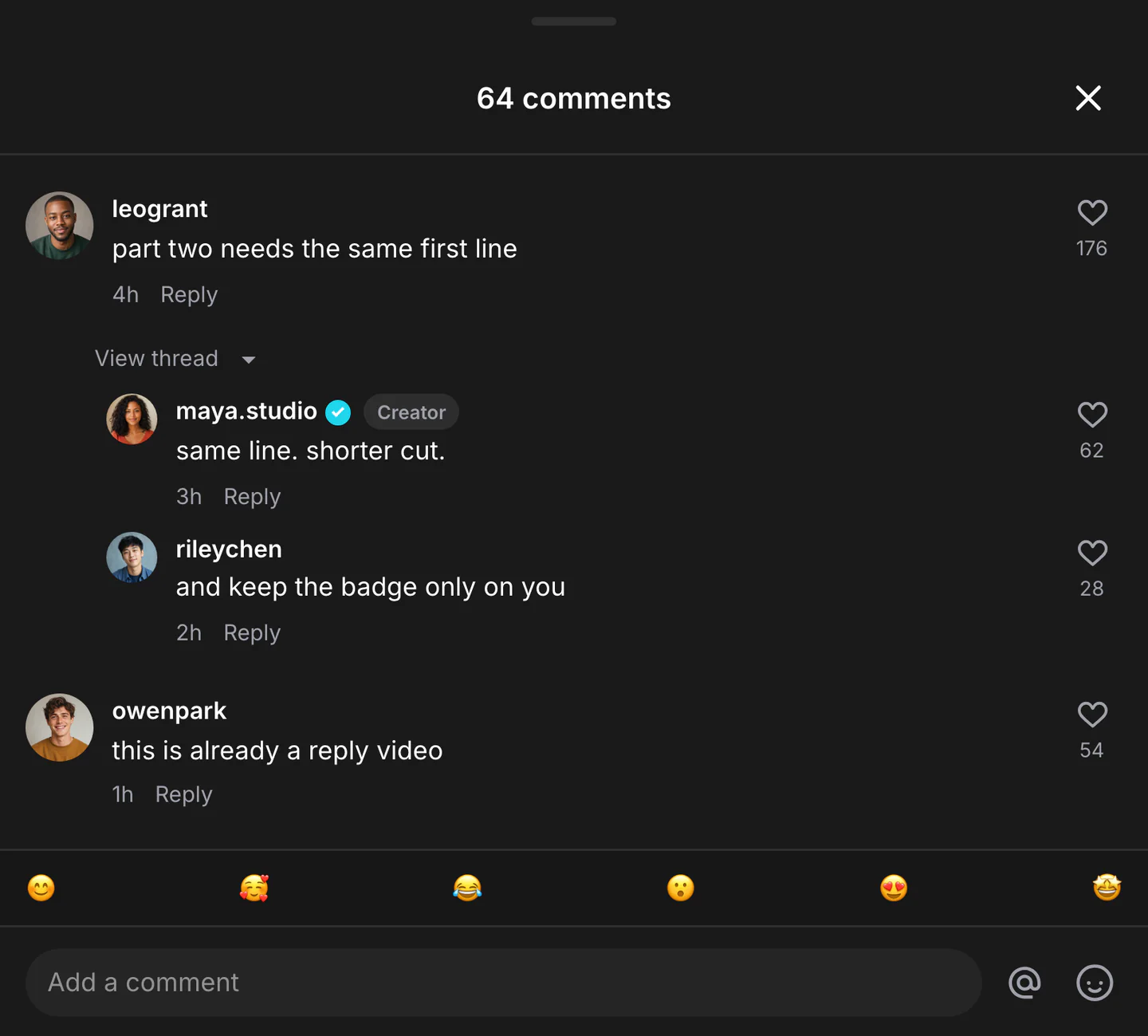Fictional TikTok comment section with two nested answers beneath a request for part two.