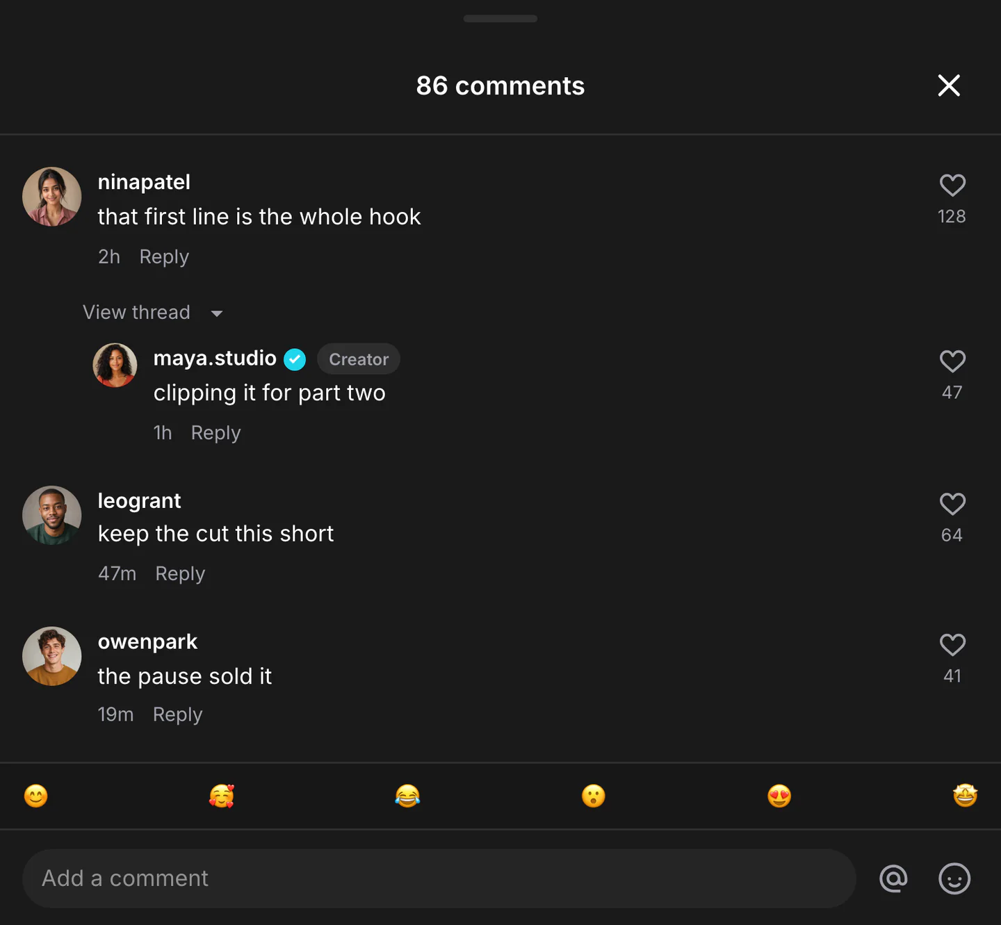 Fictional TikTok comment sheet with a short hook comment, a nested creator reply and two follow-up comments.